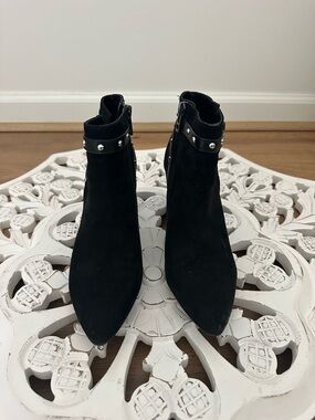 Sam & Libby Black Suede Pointed Ankle Boots with Studded Strap